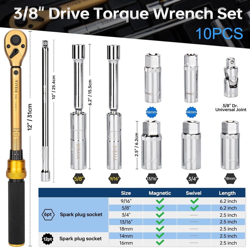 YIYEIE 10PCS Full Magnetic Spark Plug Socket Set with 3/8" Drive Torque Wrench (5-50 FT.LB/6.8-67.8Nm), Swivel Magnetic Spark Plug Removal Kit Includes 14, 16, 18mm& 9/16, 5/8, 3/4, 13/16 Inch Sockets - Image 3